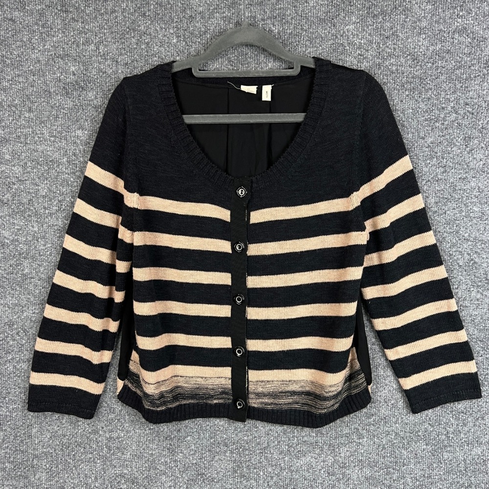 Moth Black Striped Cotton Blend Knit Cardigan Blouse‎ Medium Button Up